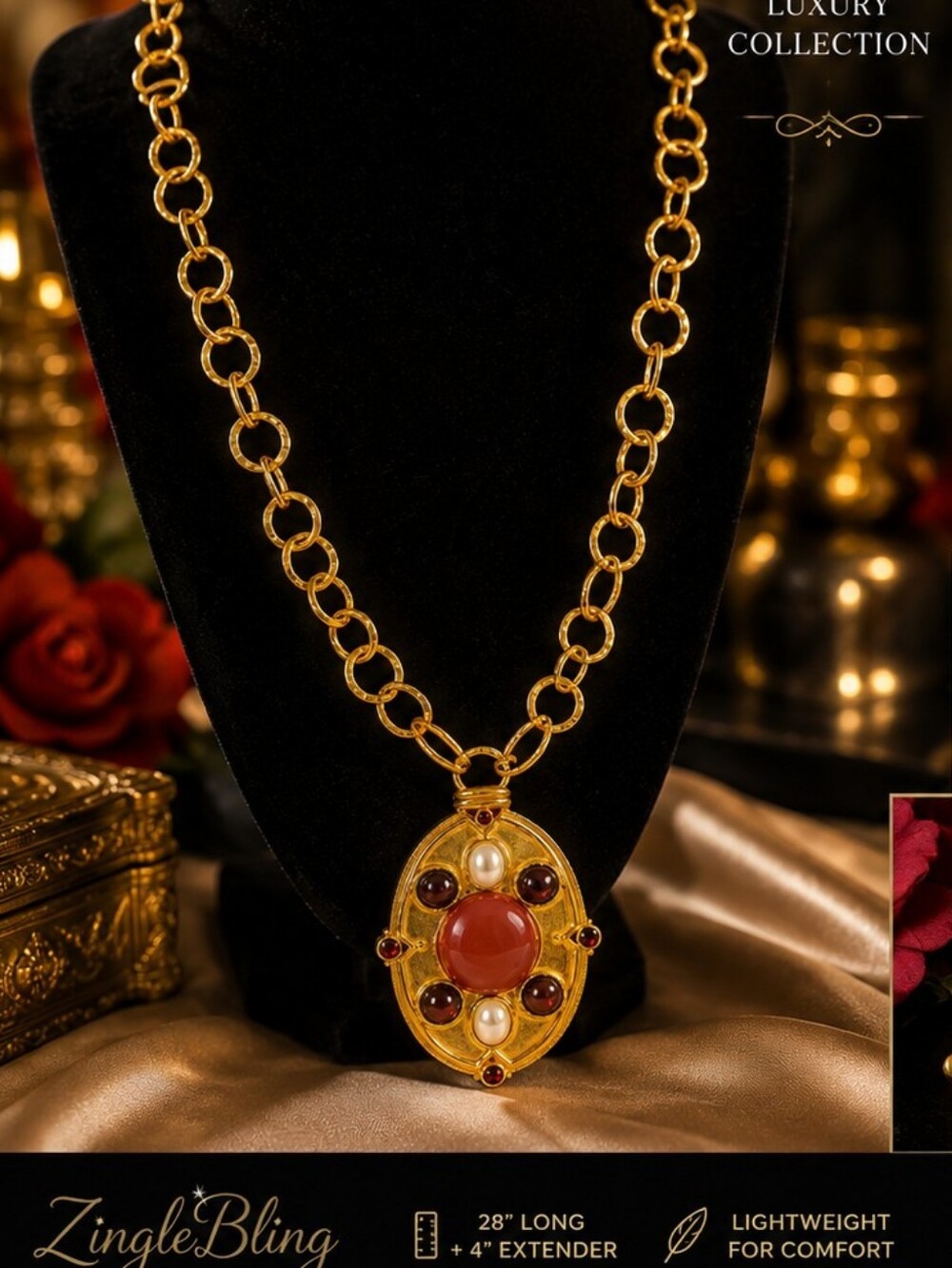 Chico's Gold Tone Statement Pendant Necklace Faux Coral Faux Pearl Red Cabochon